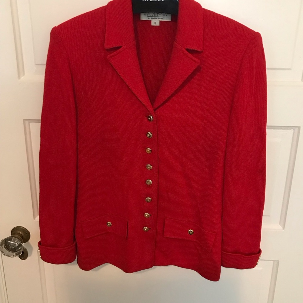 Vintage St John Classic Red Sweater Jacket Santana Wool Shoulder Pads, Gold Sz 6